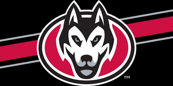 SCSU Huskies logo on striped background