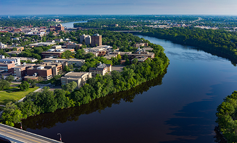 An aerial view of SCSU's campus on the Mississippi River