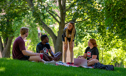 Students in a study group outdoors on the St. Cloud State University campus
