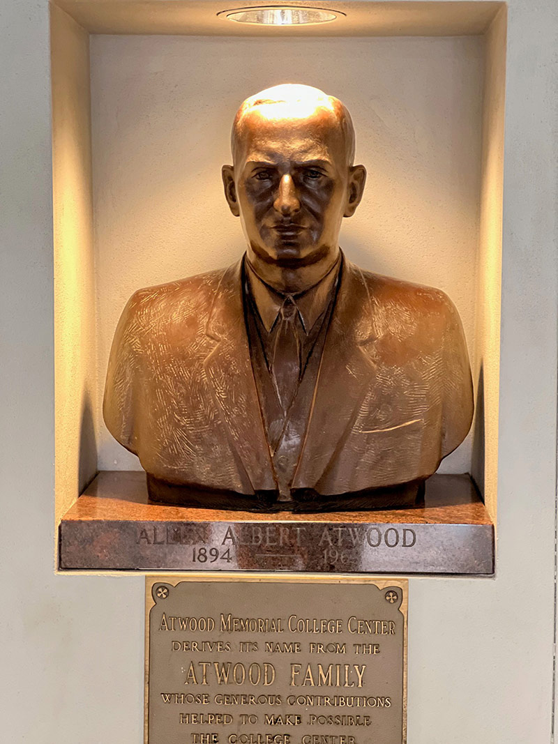 Bronze statue of Allen Atwood inside Atwood Memorial Center