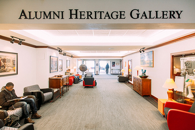 Alumni Heritage Gallery lounge area in Atwood Memorial Center with seating and art displays for students to relax or study