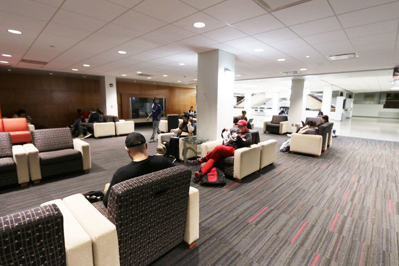 Main Lounge inside Atwood Memorial Center with couches and chairs arranged for student relaxation or study
