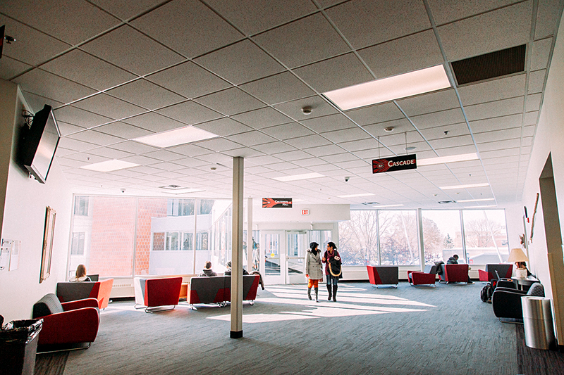 Skyway Lounge in Atwood Memorial Center showing seating along the walkway for students to relax or work
