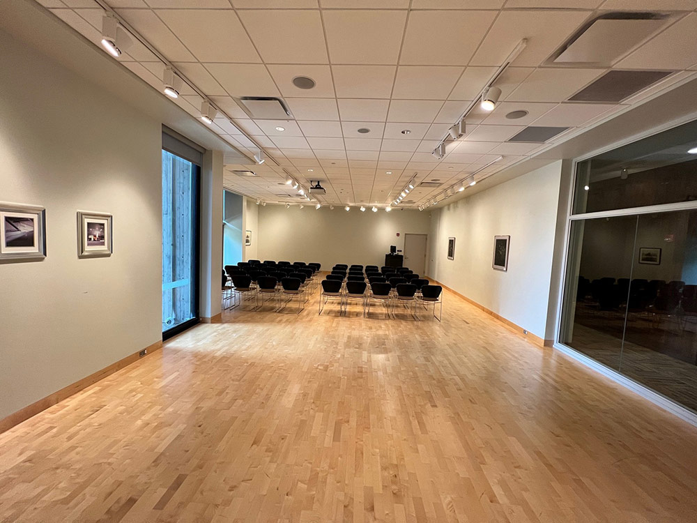 Interior view of the Gallery Room at Atwood Memorial Center highlighting open wood flooring and flexible setup for events or exhibits