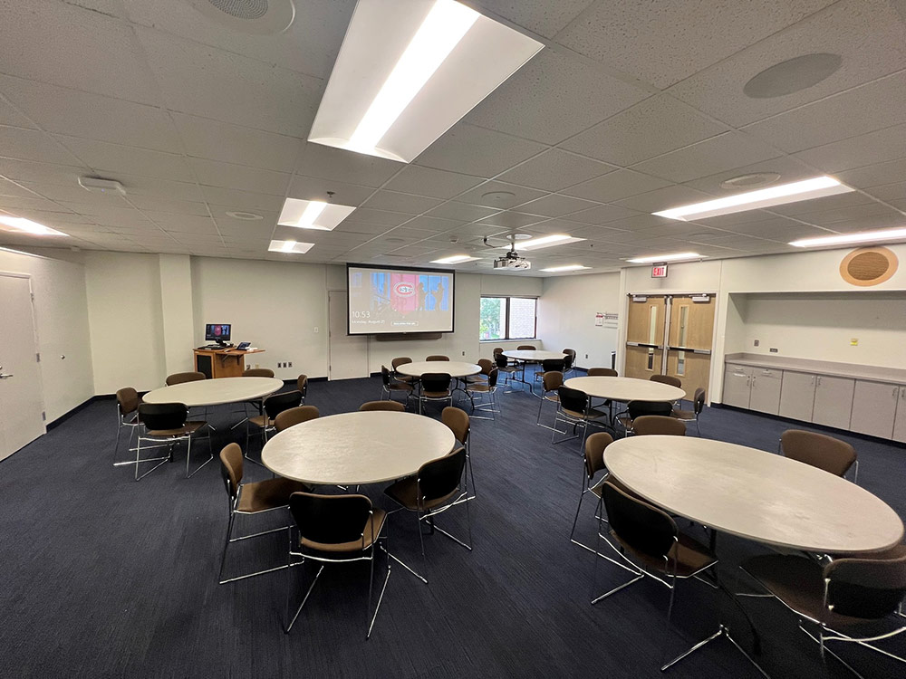 Interior view of the Glacier North Room at Atwood Memorial Center highlighting seating arrangement and open floor space for meetings or events
