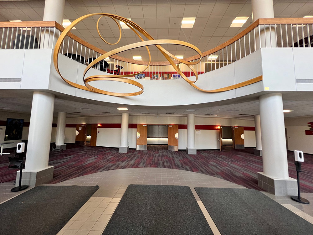 Interior view of Stewart Hall showing the main entrance doors to Ritsche Auditorium