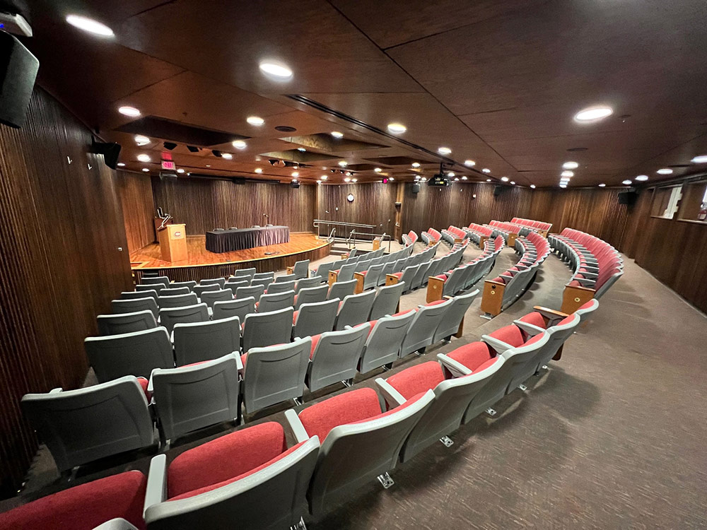 Atwood Theatre at Atwood Memorial Center from a different angle showing tiered seating and the stage area with lighting
