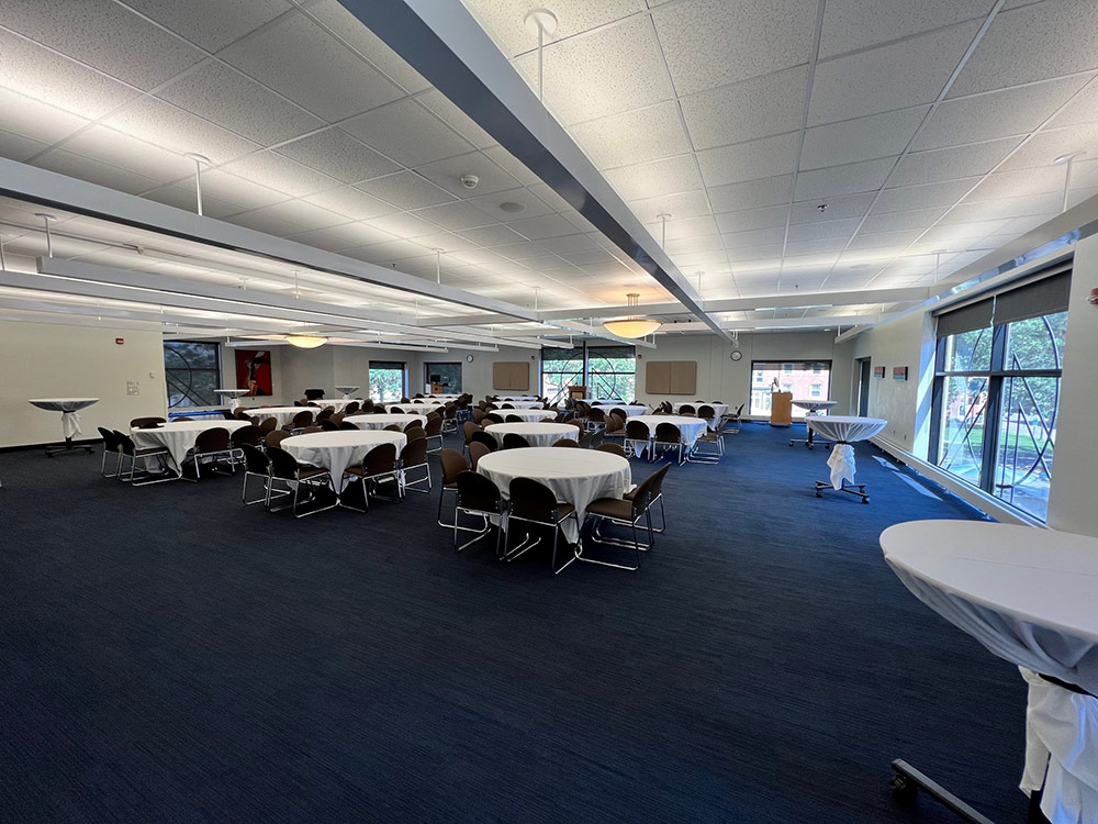 Interior of the Voyageurs Room at Atwood Memorial Center showing a different perspective of the room with tables, chairs, and event layout