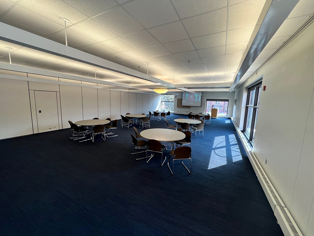 Voyageurs South Room at Atwood Memorial Center from a different angle showing open floor space with chairs and tables set up