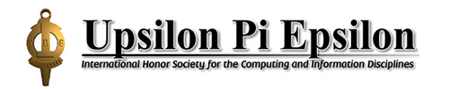 Upsilon Pi Epsilon logo featuring a gold key emblem on the left and the text 'Upsilon Pi Epsilon' with the subtitle 'International Honor Society for the Computing and Information Disciplines' on a white background