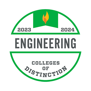 Circular badge reading 'Engineering Colleges of Distinction,' with the years 2023 and 2024 at the top and a green and gold torch icon above the word 'Engineering'