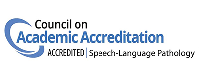 Logo for the Council on Academic Accreditation, with subtext reading: 'ACCREDITED | Speech-Language Pathology.'