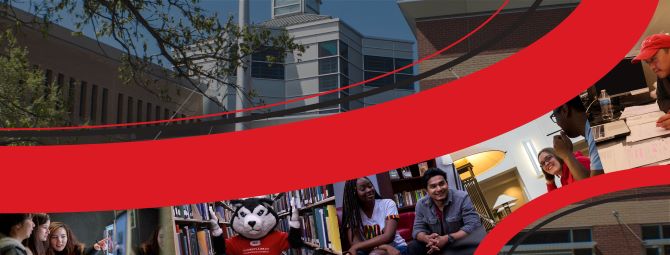 A wide banner image featuring a collage of campus scenes overlaid by a sweeping red graphic, including the Miller Center campus library, students seated indoors, and Blizzard the mascot visible in one of the images