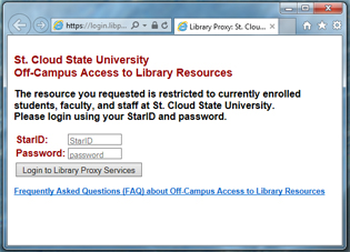 Screenshot of an authentication page prompting users to sign in to access library resources from off campus