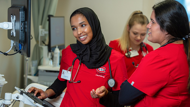 Student working at a computer workstation in a nursing learning environment