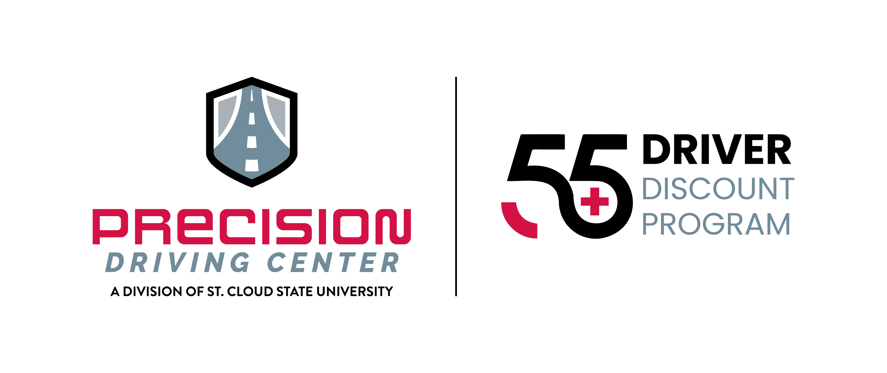 Logo featuring a shield icon with a stylized roadway above the text 'Precision Driving Center' and 'A Division of St. Cloud State University,' alongside '55+ Driver Discount Program' with a large '55+' graphic in red, black, and gray